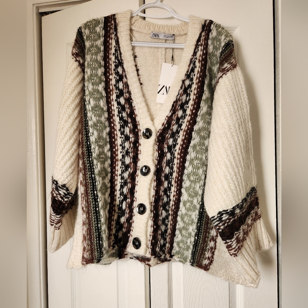 Zara Jacquard Cardigan, Cream/Brown, Size US M